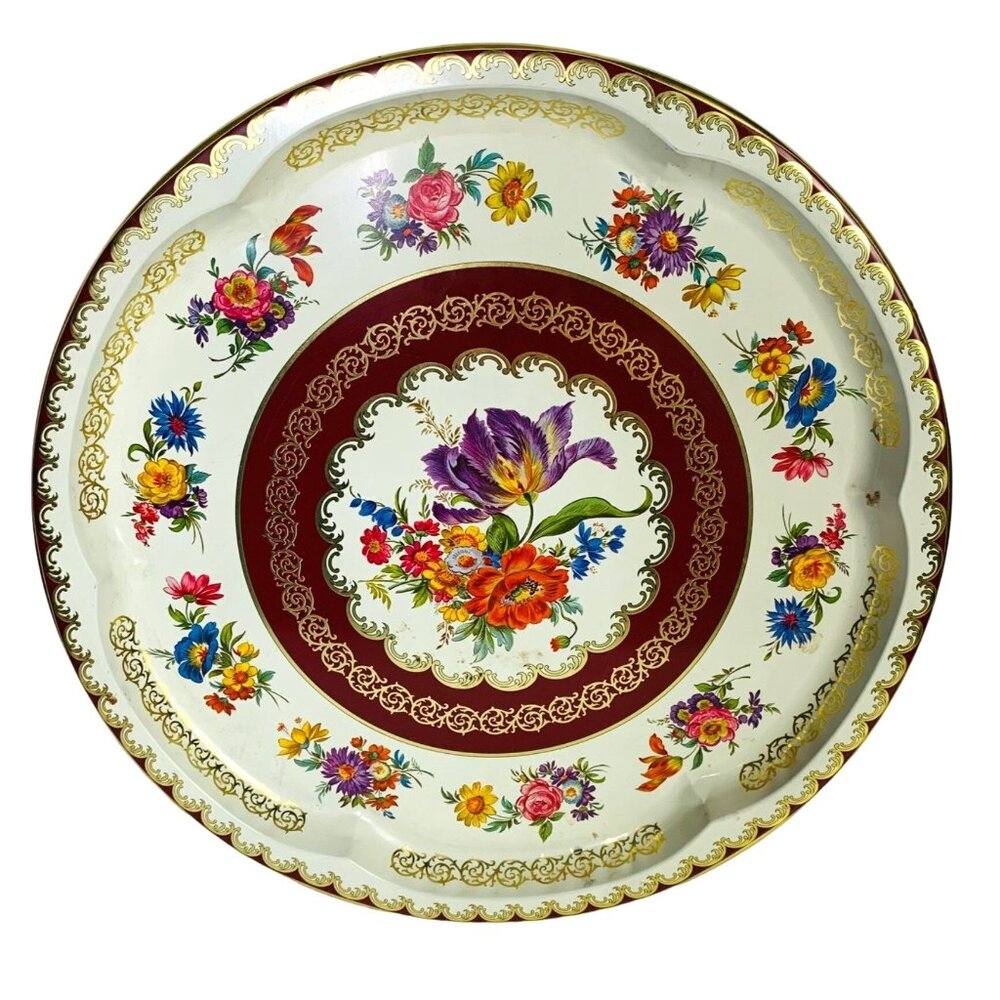 Victorian Style Metal Tray 12" Round Decorative Floral Platter Farmers Market